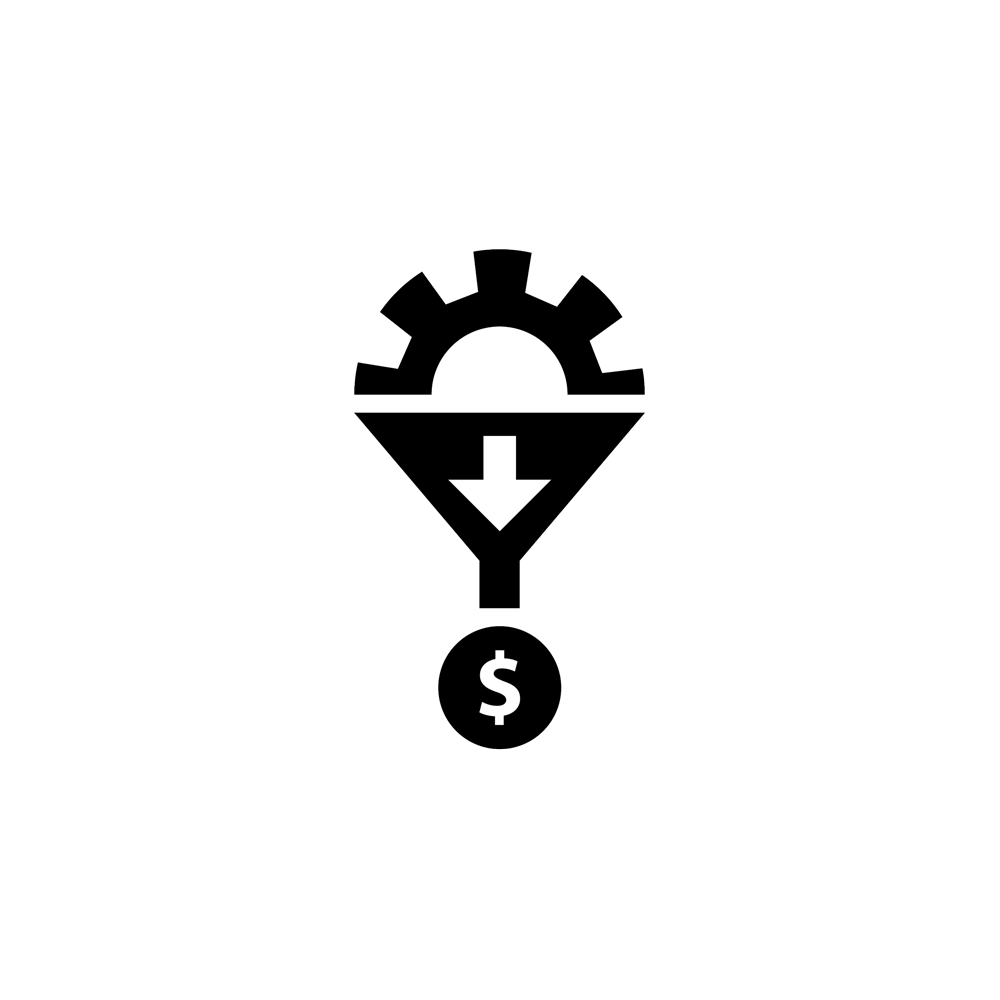 machine piece with arrow pointing down to a dollar sign